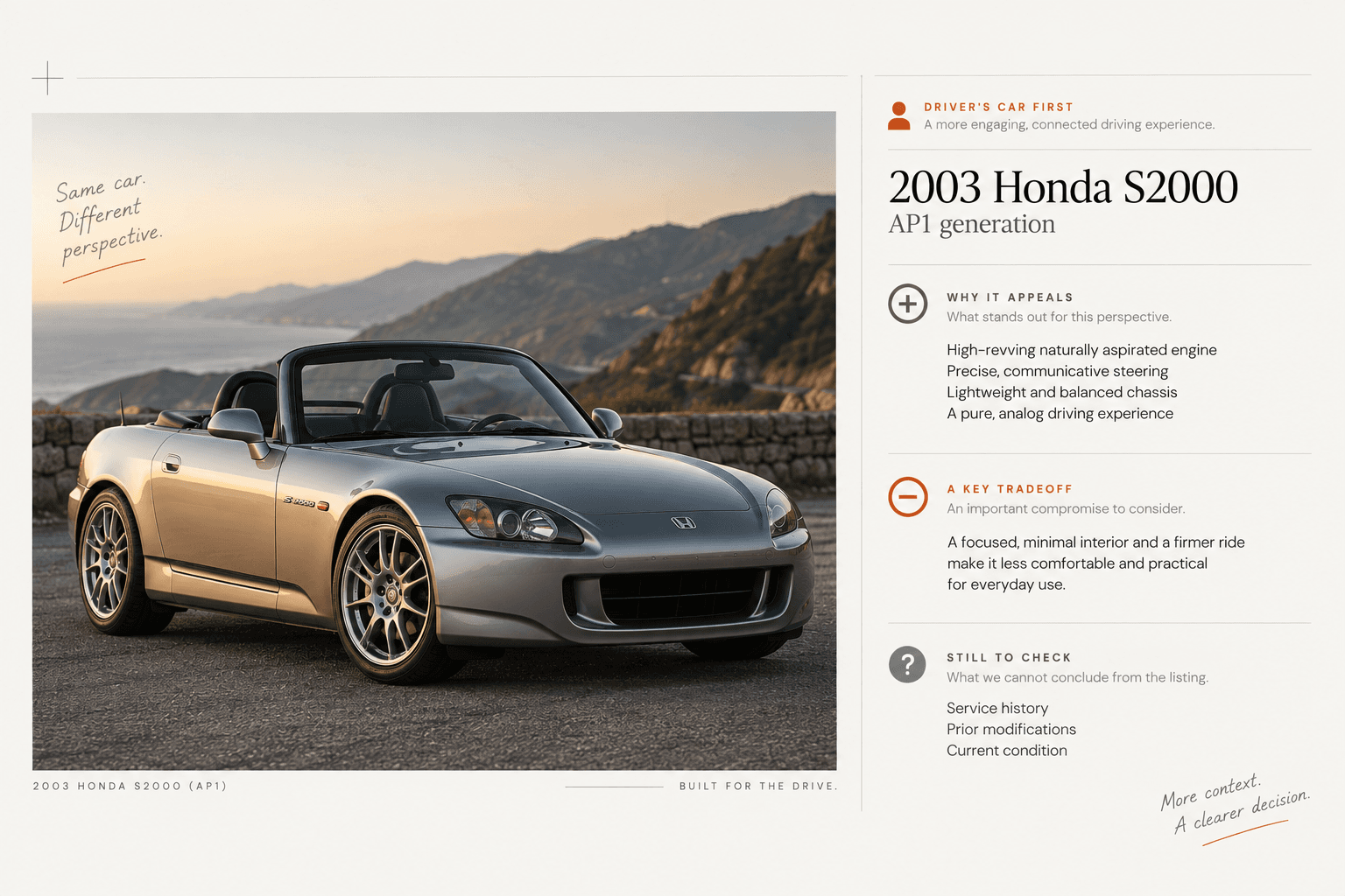 Honda S2000 viewed through Driver's Car First, showing its appeal, a tradeoff, and questions still to check.