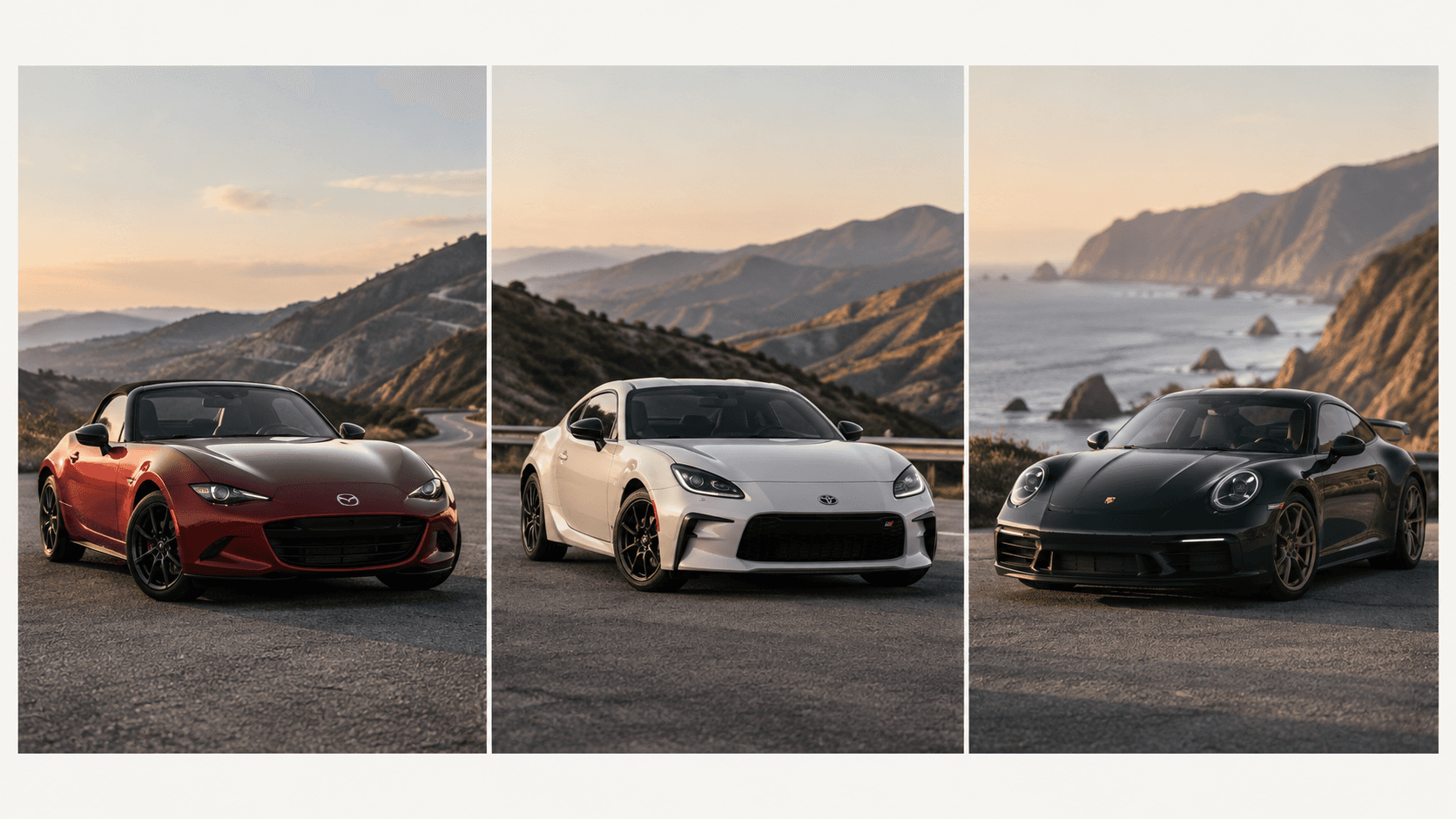 Mazda MX-5 Miata, Toyota GR86, and Porsche 911 shown as three different enthusiast-oriented cars.